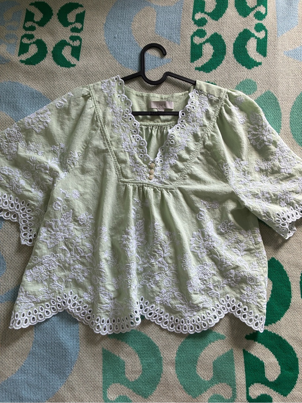 LOFT Pale Green Embroidered Eyelet V-Neck Blouse